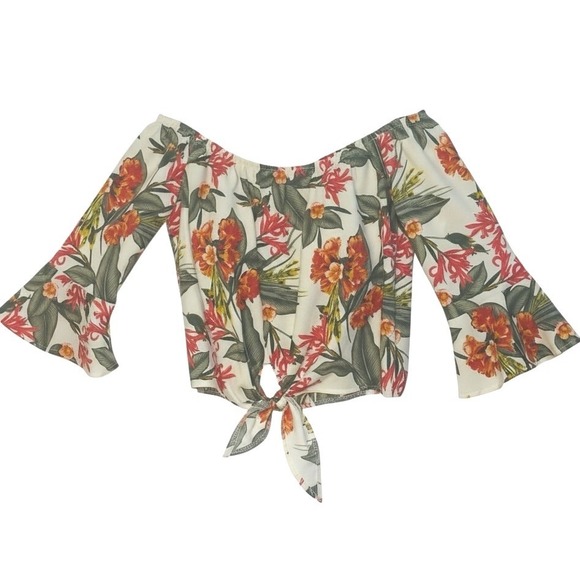 Cuidado Con El Perro Tops - Cuidado con el Perro Crop Top Orange Green Floral Off Shoulder Bell Sleeve M‎